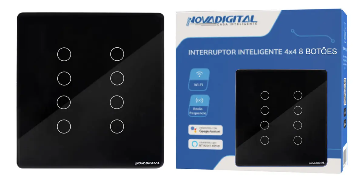 Interruptor Inteligente Novadigital 8 Teclas Botões Touch Automação Tuya Smart Life Compatível Alexa Google 110v 220v Bivolt Ws-us8-B Preto - 1